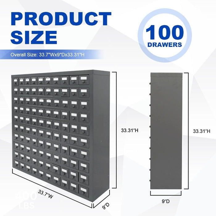 100-Drawer Steel Bolt Bin & Small Parts Organizer, Heavy-Duty All-Welded Storage Cabinet, 34"W x 9"D x 33"H, Fully Assembled
