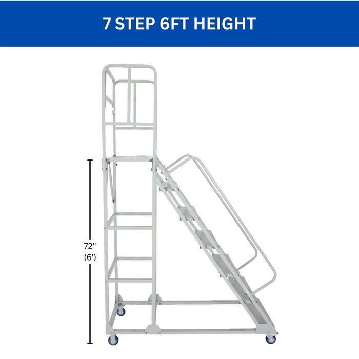 7 Step Rolling Ladder w/ Handrails, 350 lbs Weight Capacity, 72" Top Step Height