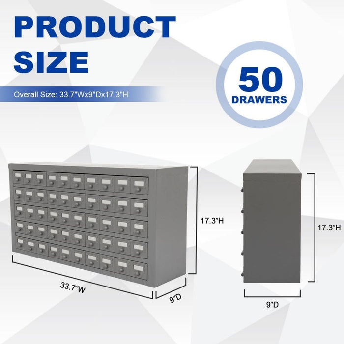 50-Drawer Steel Bolt Bin & Small Parts Organizer, Heavy-Duty All-Welded Storage Cabinet, 34"W x 9"D x 17"H, Fully Assembled