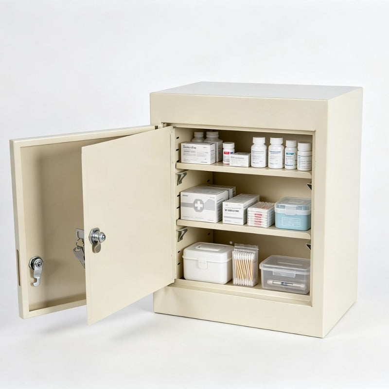 Locking Meds Cabinet, Wall Mount Medical Storage Cabinet with Double Lock & Double Door