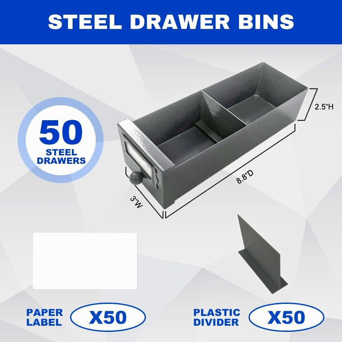 50-Drawer Steel Bolt Bin & Small Parts Organizer, Heavy-Duty All-Welded Storage Cabinet, 34"W x 9"D x 17"H, Fully Assembled