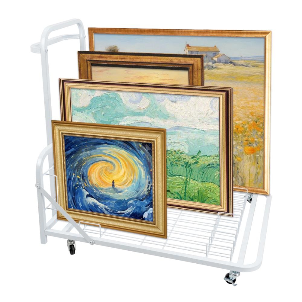 Holzoffer Art Canvas Storage Rack & Frame Keeper, Mobile Cart, Large Floor Model with Casters and Handle, 32" Lx 28" W, White