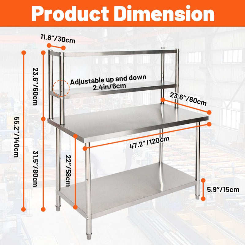 Stainless Steel Table w/ Overshelves, 47"W x 23.6"D x 55"H