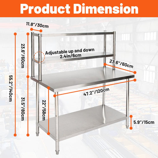 Holzoffer Stainless Steel Table with Overshelves, 47.2" X 23.6" Work Table, Metal Table Prep Table for Home, Kitchen, Restaurant