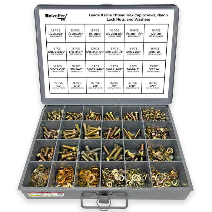 574-Piece Grade 8 Fine Thread Fastener Assortment (Nylon Insert) with Heavy-Duty Metal Drawer Toolbox, Yellow Zinc Finish