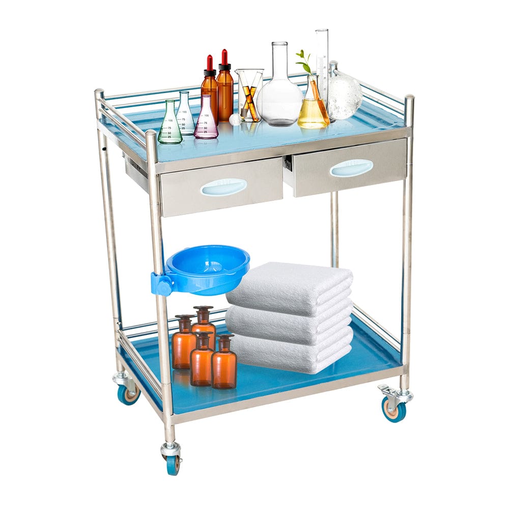 Holzoffer 2 Layers Lab Serving Cart, Lab Utility Rolling Stainless Steel Medical Clinic Trolley with 2 Drawers Lockable Wheels