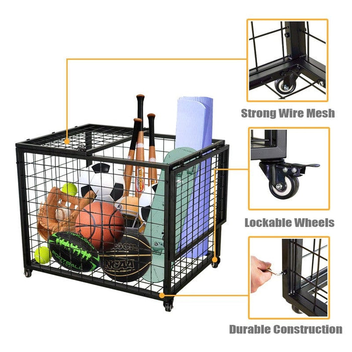 Rolling Sports Ball Storage Cart w/ Lockable Lid, 33.5"L x 26"W x 28.7"H