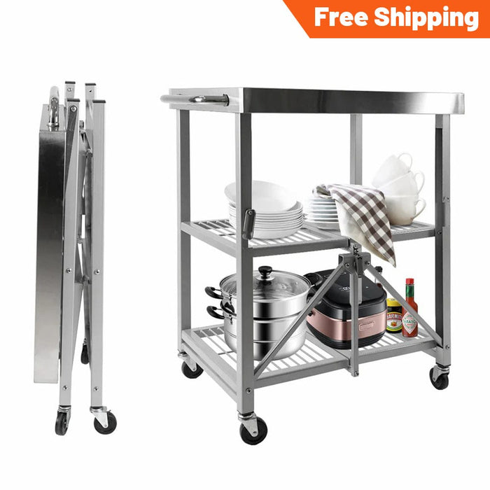 3-Tier Foldable Rolling Stainless Steel Table Cart 25.75"D x 20"W x 36"H