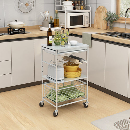 Holzoffer 34 Inch Modern Kitchen Bar Cart, 3 Shelves, Wine Rack, Wheels, White