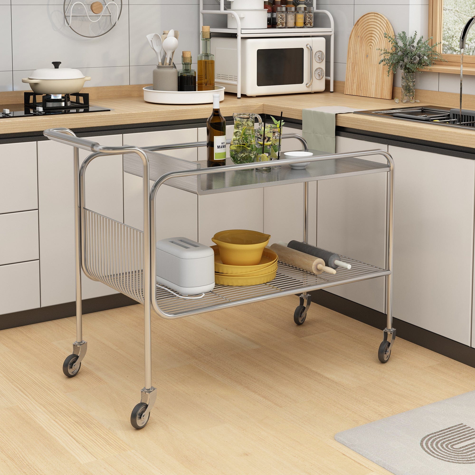 Holzoffer 2-Tier Metal Rolling Cart with Wheels, Utility Kitchen Serving Cart for Home Hotel Restaurant, Silver