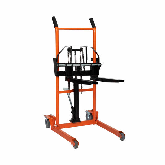 Holzoffer Hydraulic Material Lift Winch Stacker 441 Lbs 36” Max Lift with 9" Thick Rubber Wheels Removable Flat Bed 18.5" Thick Fork Arm