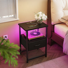 Holzoffer Side Table with Storage, LED Night Stand with Charging Station, End Tables Living Room