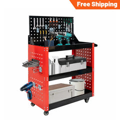 Holzoffer 3 Tier Rolling Tool Cart, Heavy Duty Mechanic Tool Storage Cart with Hooks & Wheels, 660lbs Load Capacity Tool Organizer Side Pegboard kit for Garage Warehouse Repair Shop