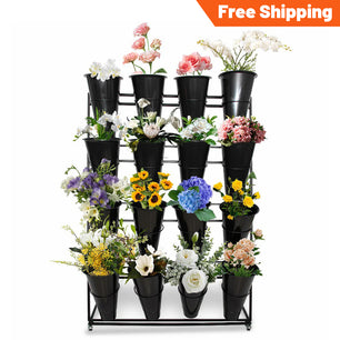 Holzoffer Flower Display Stand with 16pcs Buckets, Heavy Duty  4 Layers Metal Plant Cart Shelf with Wheels