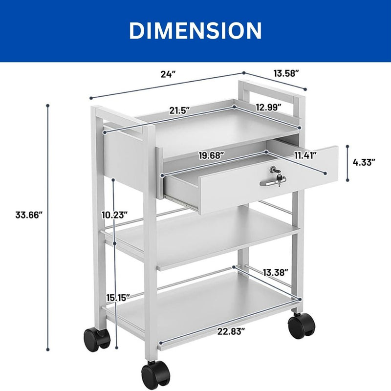 3 Tier Salon Cart, White Single Drawer Utility Trolley 24"W x 13.6"D x 33.7"H