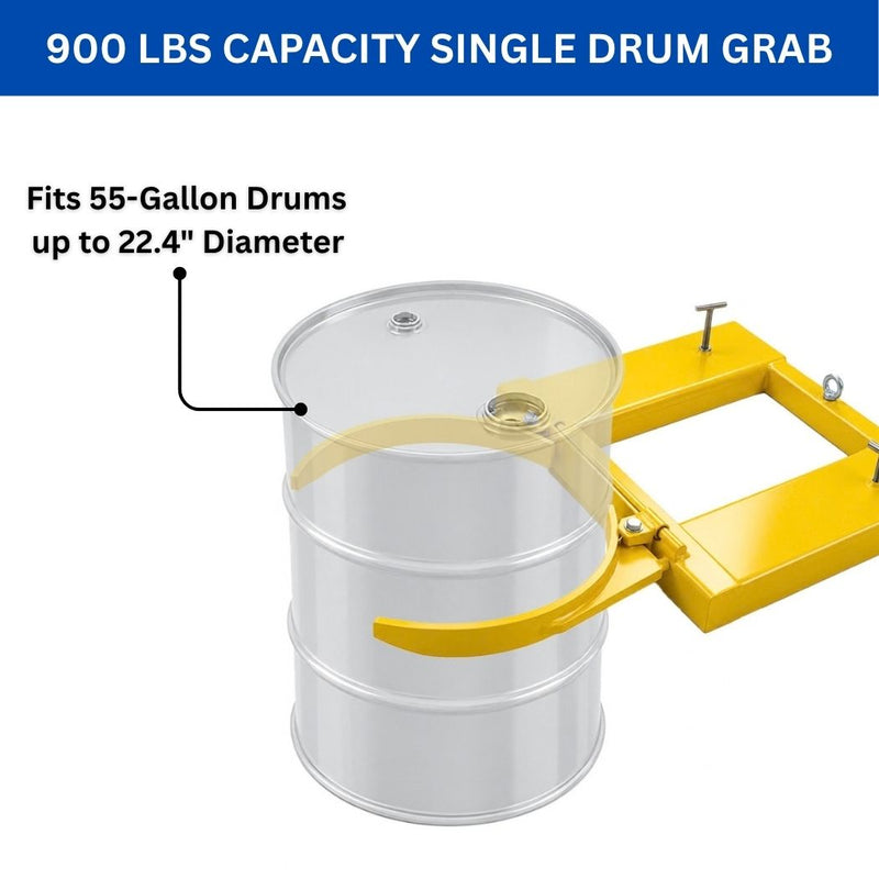 Single Fork Mounted Drum Gripper for 55 Gallon Drums, 900 lbs Load Capacity, Value-Style Drum Grab