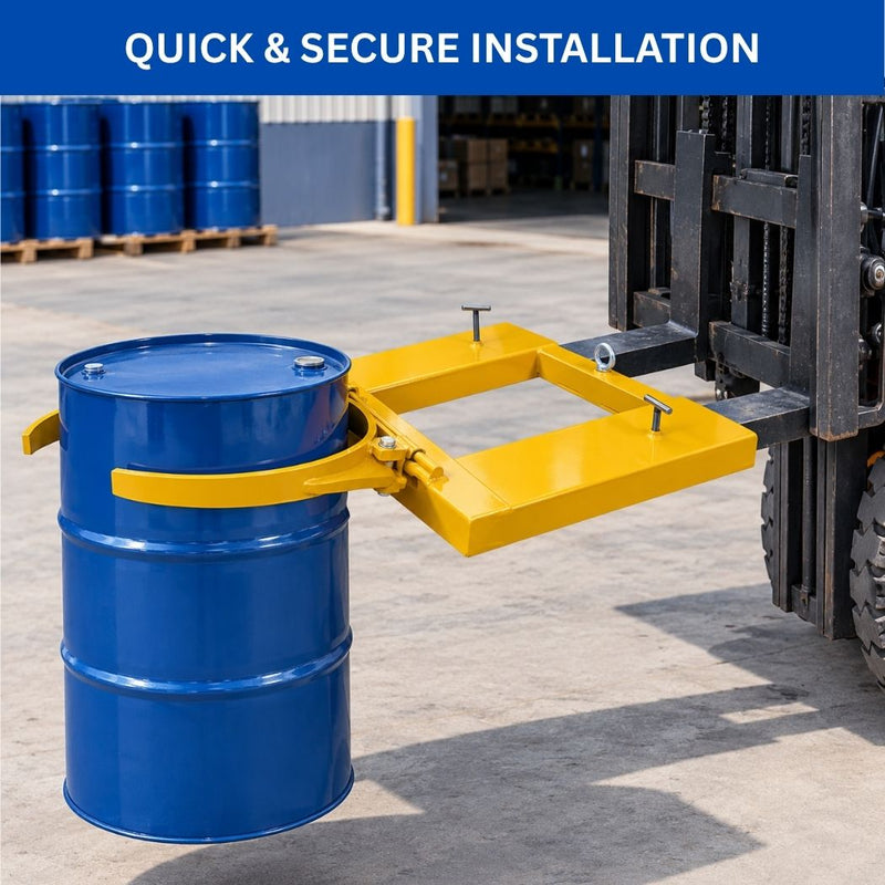Single Fork Mounted Drum Gripper for 55 Gallon Drums, 900 lbs Load Capacity, Value-Style Drum Grab