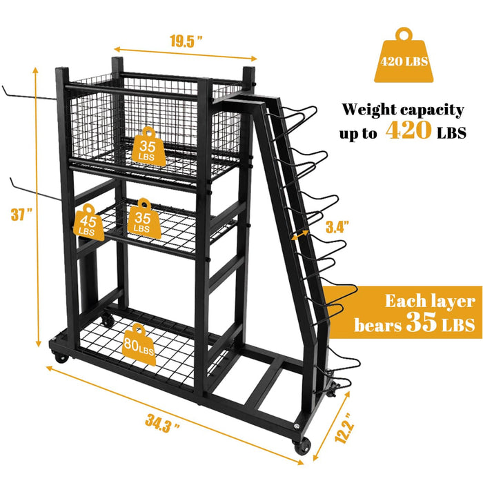 Weight Rack Home Gym Storage 420 lb Capacity w/ Wheels & Hanging Hooks