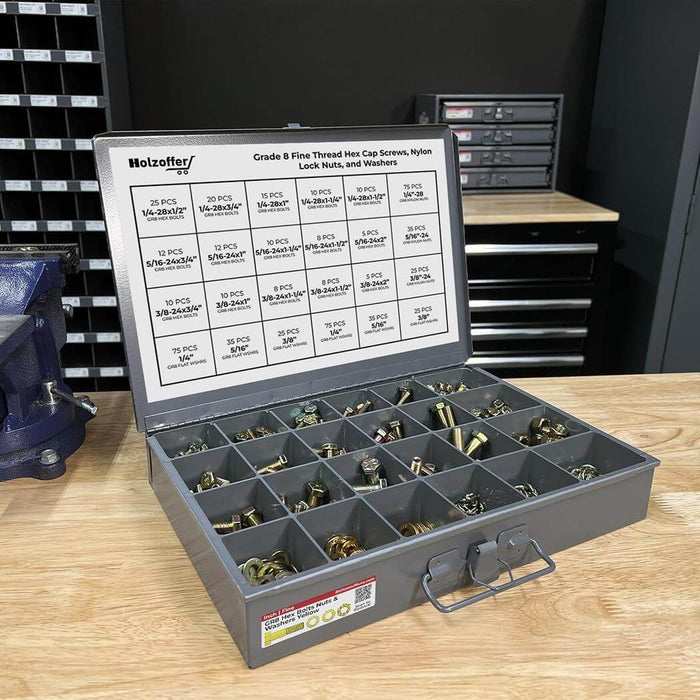 574-Piece Grade 8 Fine Thread Fastener Assortment (Nylon Insert) with Heavy-Duty Metal Drawer Toolbox, Yellow Zinc Finish
