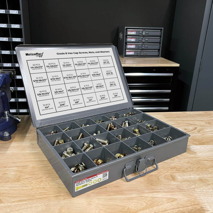 574-Piece Grade 8 Coarse Thread Fastener Assortment with Heavy-Duty Metal Drawer Toolbox, Yellow Zinc Finish