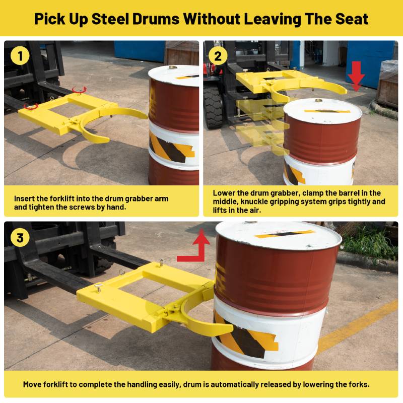 Single Fork Mounted Drum Gripper for 55 Gallon Drums, 1500lbs Load Capacity, Value-Style Drum Grab