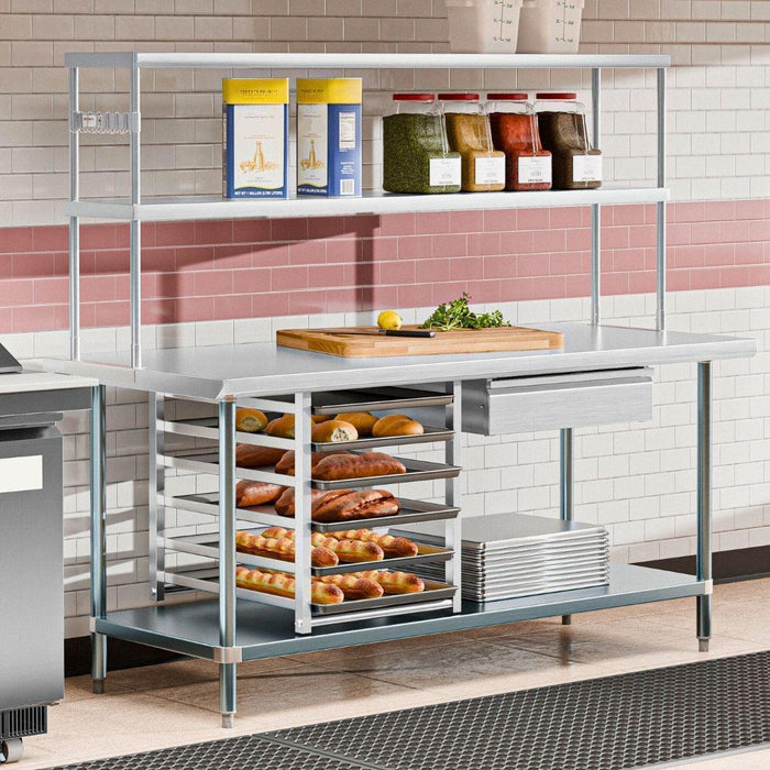 72" x 30" Stainless Steel Prep Table w/ Overshelves, Drawers, Bun Pan Rack & 6 Bun Pans