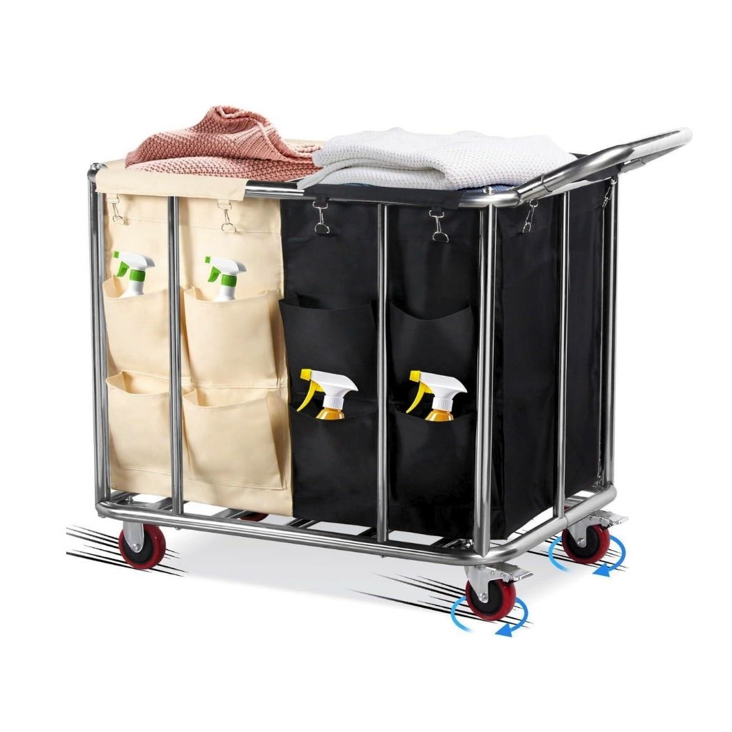Commercial Laundry Cart w/ Handle, 12 Bushel, 42"L x 26"W x 33.8"H, 2 Canvas Bag and 8 Side Bags