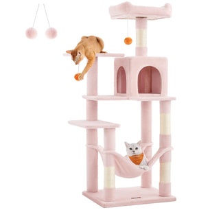 Holzoffer 44.1-Inch Cat Tower for Indoor Cats, Multi-Level Cat Condo with 4 Scratching Posts, 2 Perches, Hammock, Cave, Jelly Pink