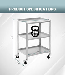 Stainless Steel Utility Cart 3 Tier, Commercial Heavy Duty Metal Mobile Food Rolling Cart with Handle and Wheels for Kitchen, Restaurant, Hospital, Laboratory and Home