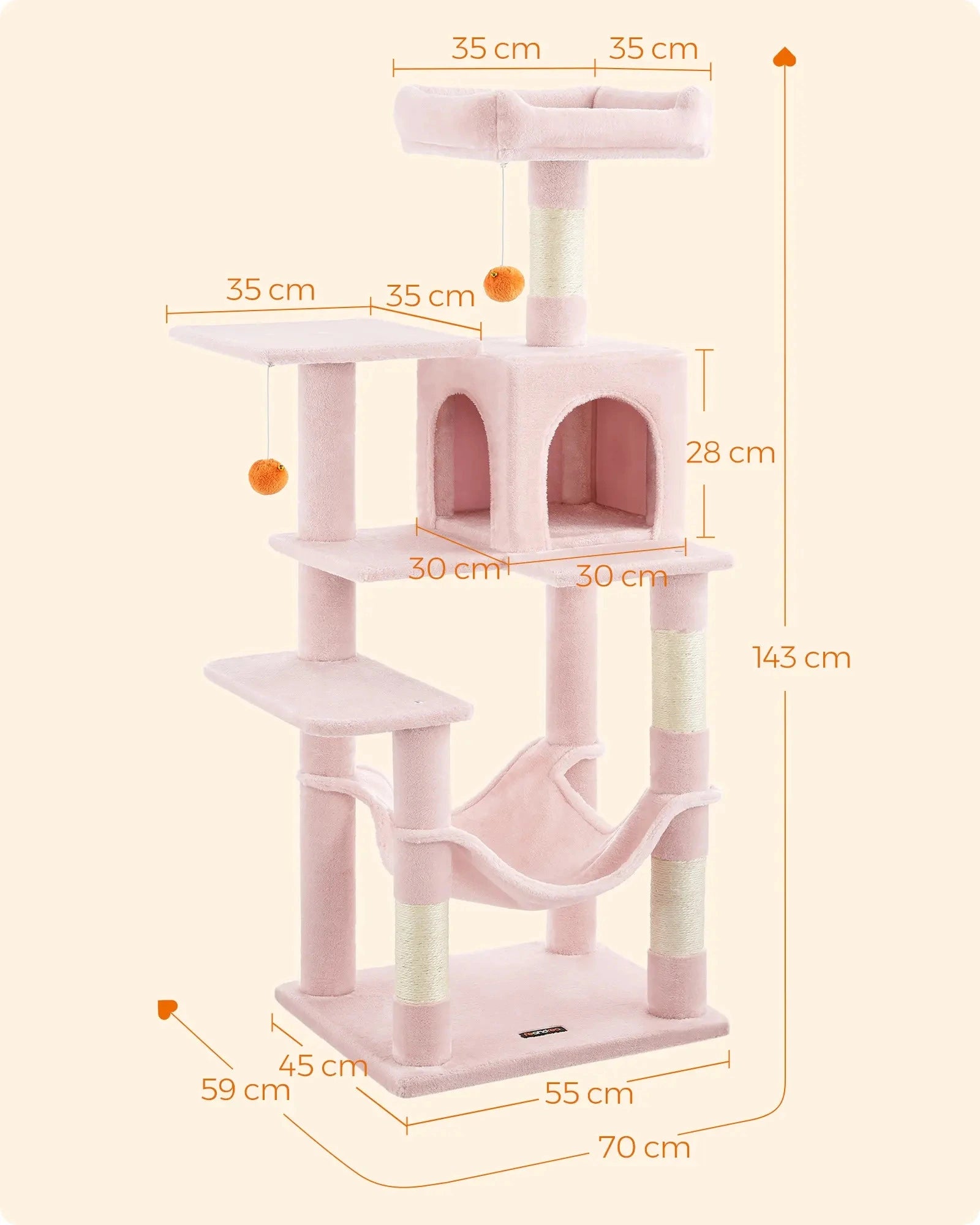 Holzoffer 44.1-Inch Cat Tower for Indoor Cats, Multi-Level Cat Condo with 4 Scratching Posts, 2 Perches, Hammock, Cave, Jelly Pink