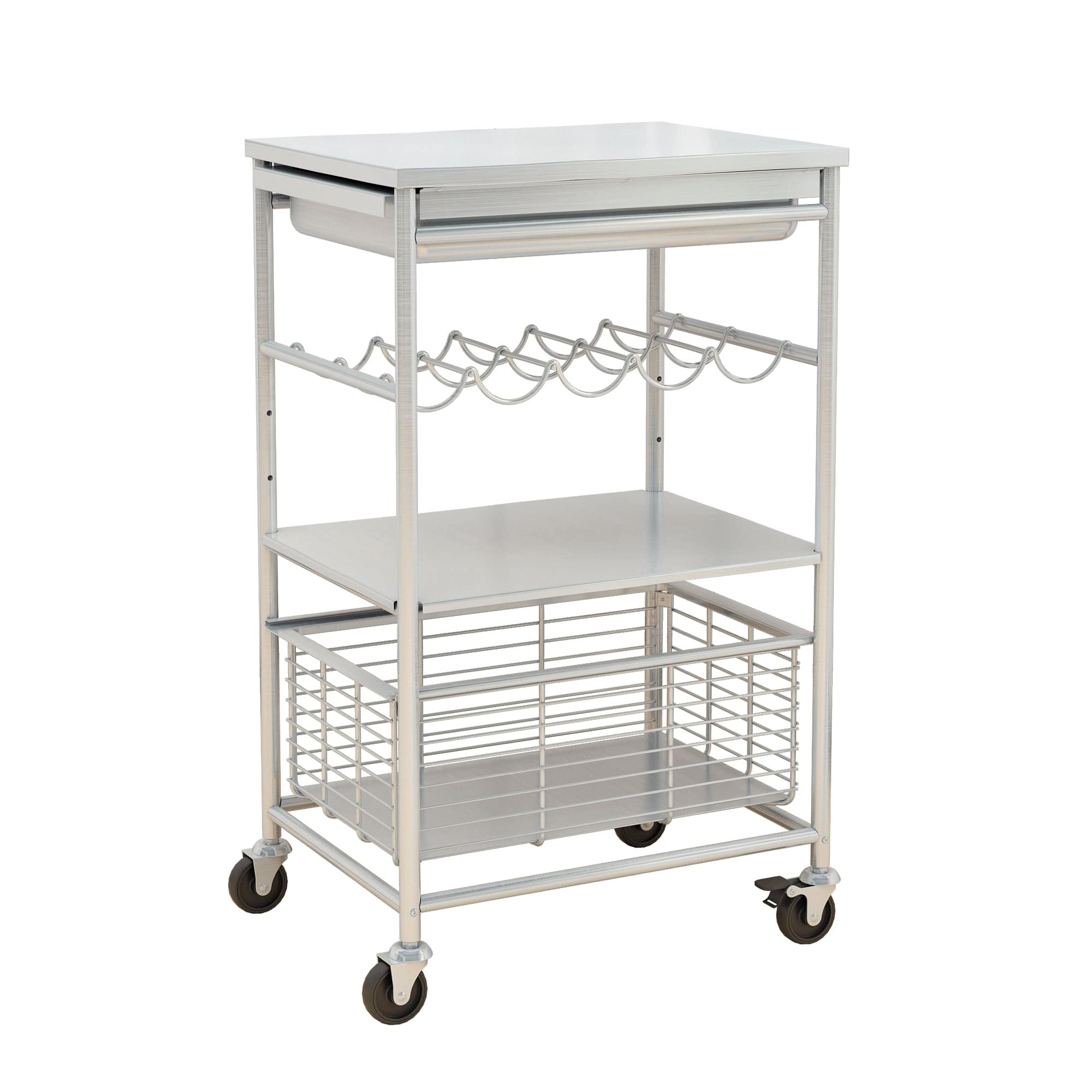 Holzoffer 34 Inch Modern Kitchen Bar Cart, 3 Shelves, Wine Rack, Wheels, White