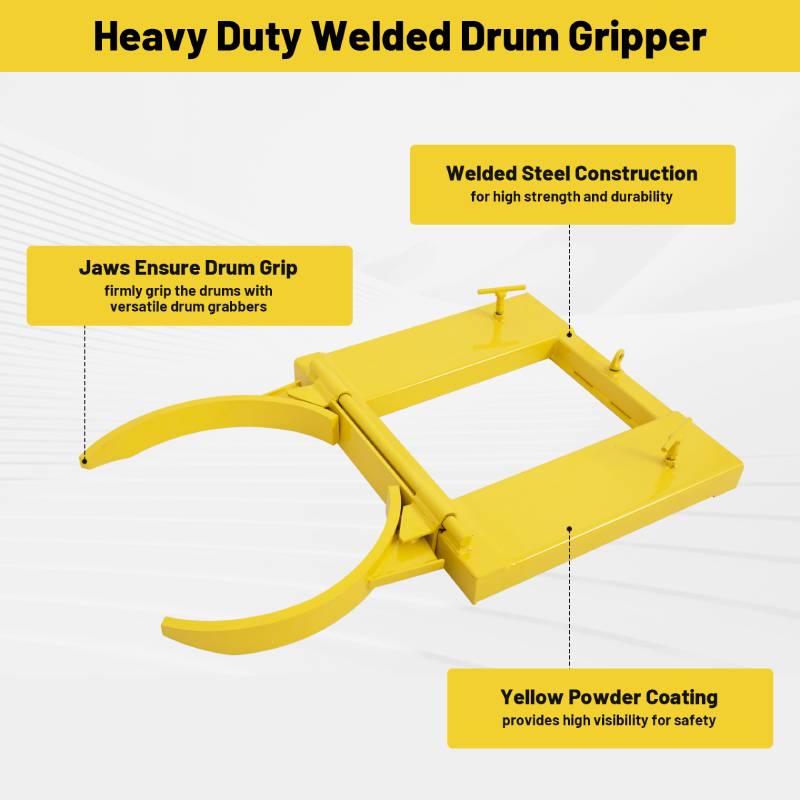 Single Fork Mounted Drum Gripper for 55 Gallon Drums, 1500lbs Load Capacity, Value-Style Drum Grab