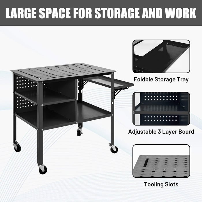 Welding Bench 36" x 24" x 33.5H" w/ Storage Shelves & Wheels