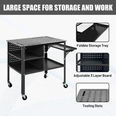 Welding Table, Welding Cart with Wheels, Nitriding Table Top, Shelf Storage Box, Tools Organizer Slots Panel