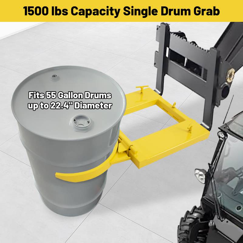 Single Fork Mounted Drum Gripper for 55 Gallon Drums, 1500lbs Load Capacity, Value-Style Drum Grab