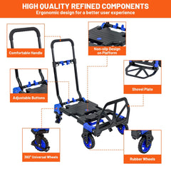 Holzoffer 2 in 1 Folding Hand Truck, Heavy Duty 330LBS Capacity Platform Cart with 4 Wheels and Retractable Handle