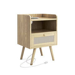 Holzoffer End Table with Solid Wood Feet, Nightstands Charging Station and USB Ports, End Side Table with Storage Drawer and Shelf