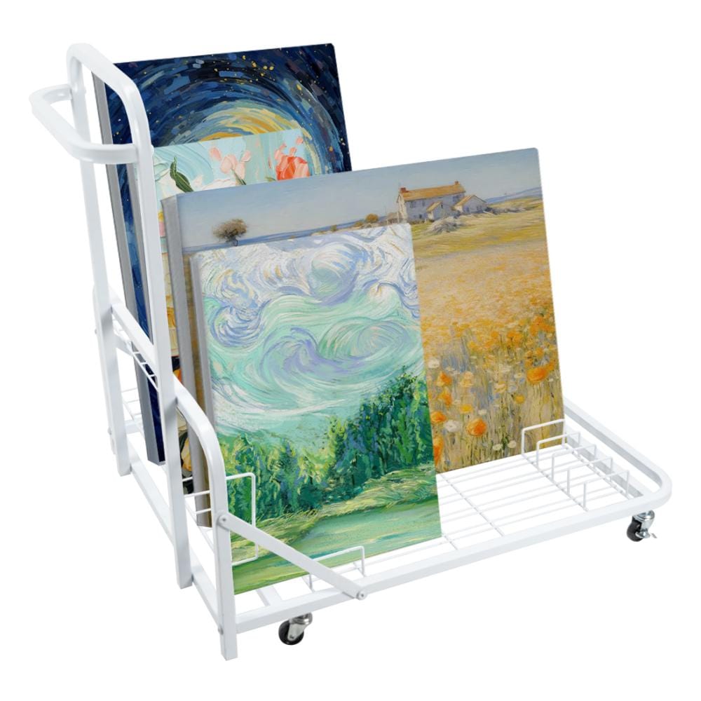 Holzoffer Art Canvas Storage Rack & Frame Keeper, Mobile Cart, Large Floor Model with Casters and Handle, 32" Lx 28" W, White