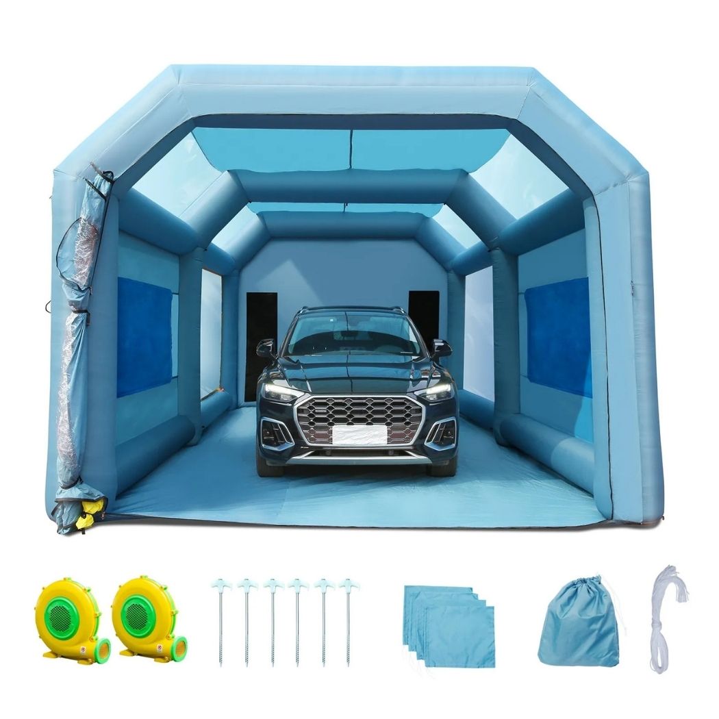 Inflatable Spray Booth 28'L x 16'W x 11'H with 550W + 950W Blowers, Spray Booth Tent Air Filter System – Car Paint Tent for Auto Painting, Car Parking Tent, Workstation, and Motorcycle Garage
