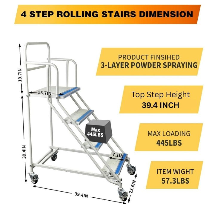 4 Step Rolling Ladder, 445 lbs Weight Capacity, 39.4" Top Step Height