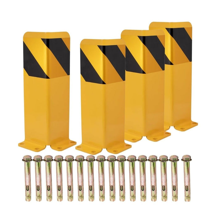 Pallet Rack Post Protectors 12"H, Steel Column Guards w/ Floor Mount Accs , 4 Pack, Yellow with Stripe