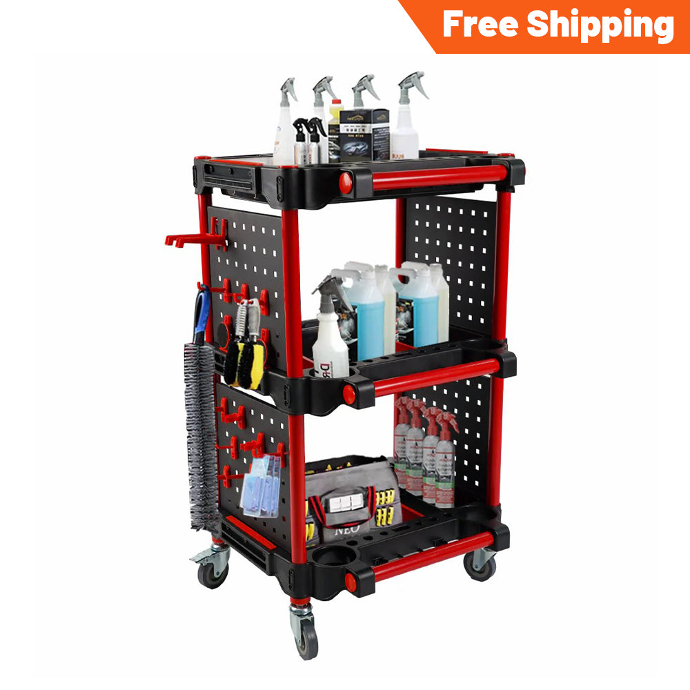 Holzoffer Auto Detailing Tool Cart, 3-Tier Rolling Utility Cart with Tool Hanging Board & Hook, Car Detailing Organizer for Mechanics & Detailers During Repairs Car Wash/Wax