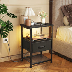 Holzoffer Side Table with Storage, LED Night Stand with Charging Station, End Tables Living Room