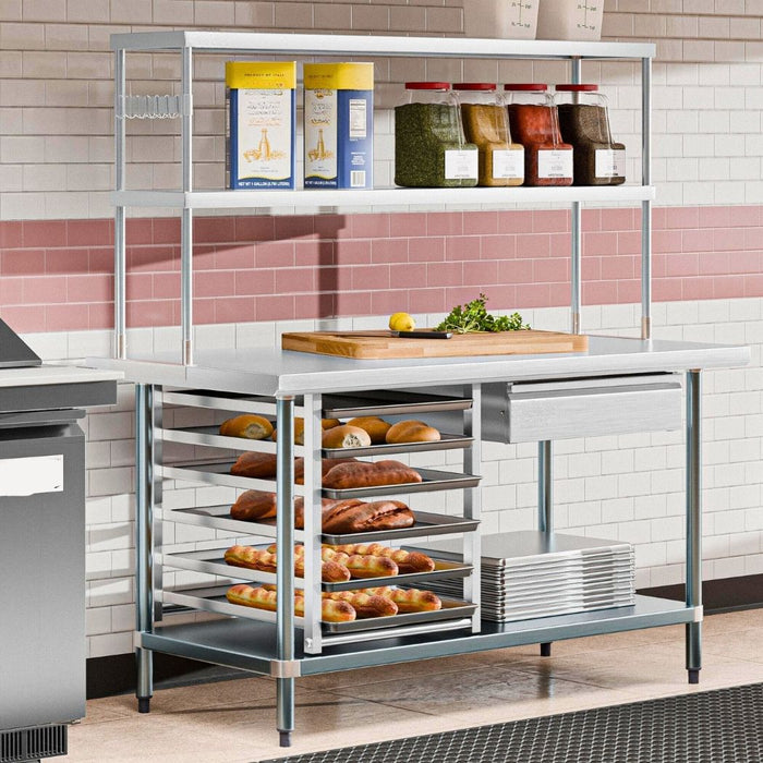 60" x 30" Stainless Steel Prep Table w/ Overshelves, Drawers, Bun Pan Rack & 6 Bun Pans