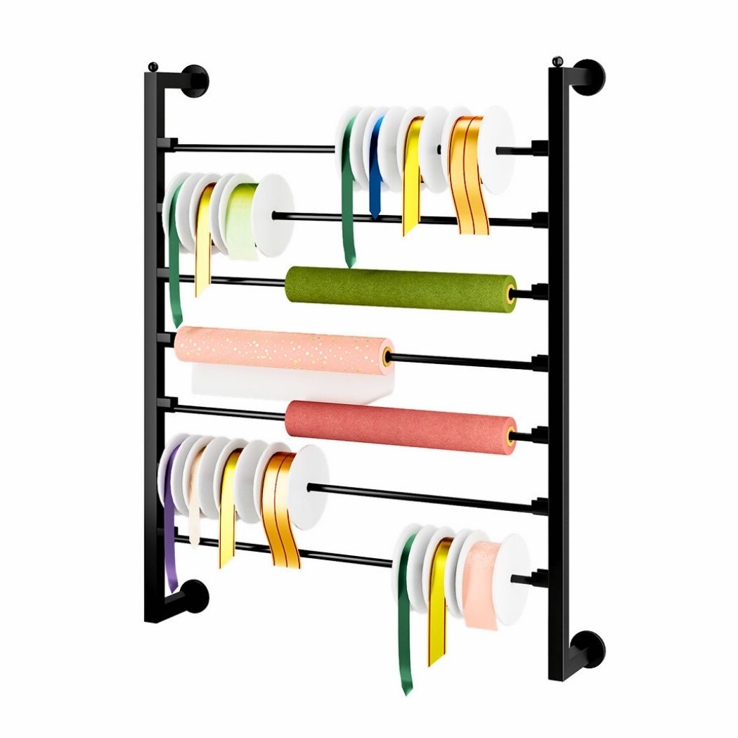 7 Tier Ribbon Organizer, Wall Mount Steel Rack for Craft Design, Wrapping Paper, Scarf Shops
