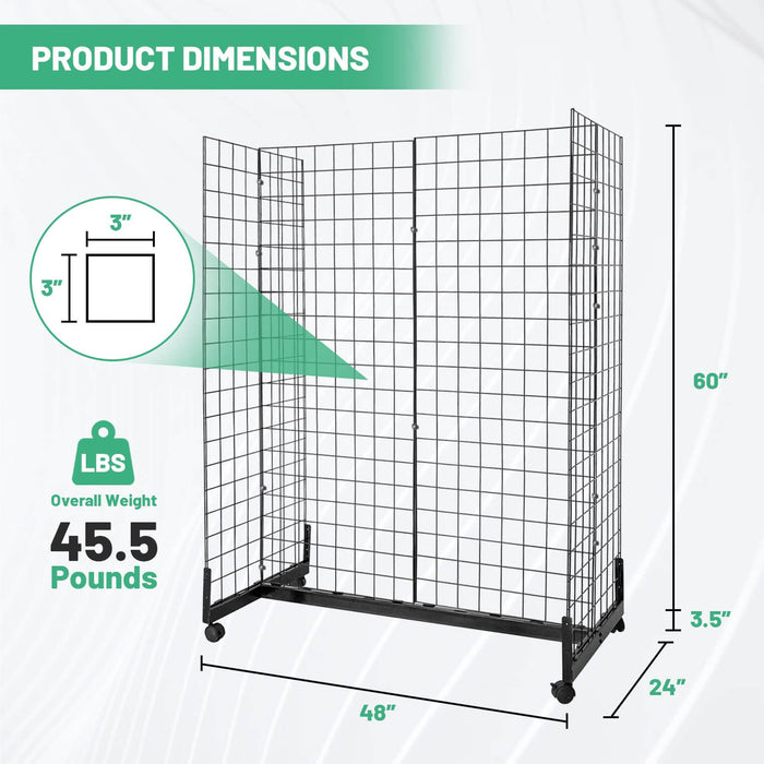 Wire Grid Panel Tower w/ Rolling Base & Wheels, 48"L x 24"W x 63.5"H