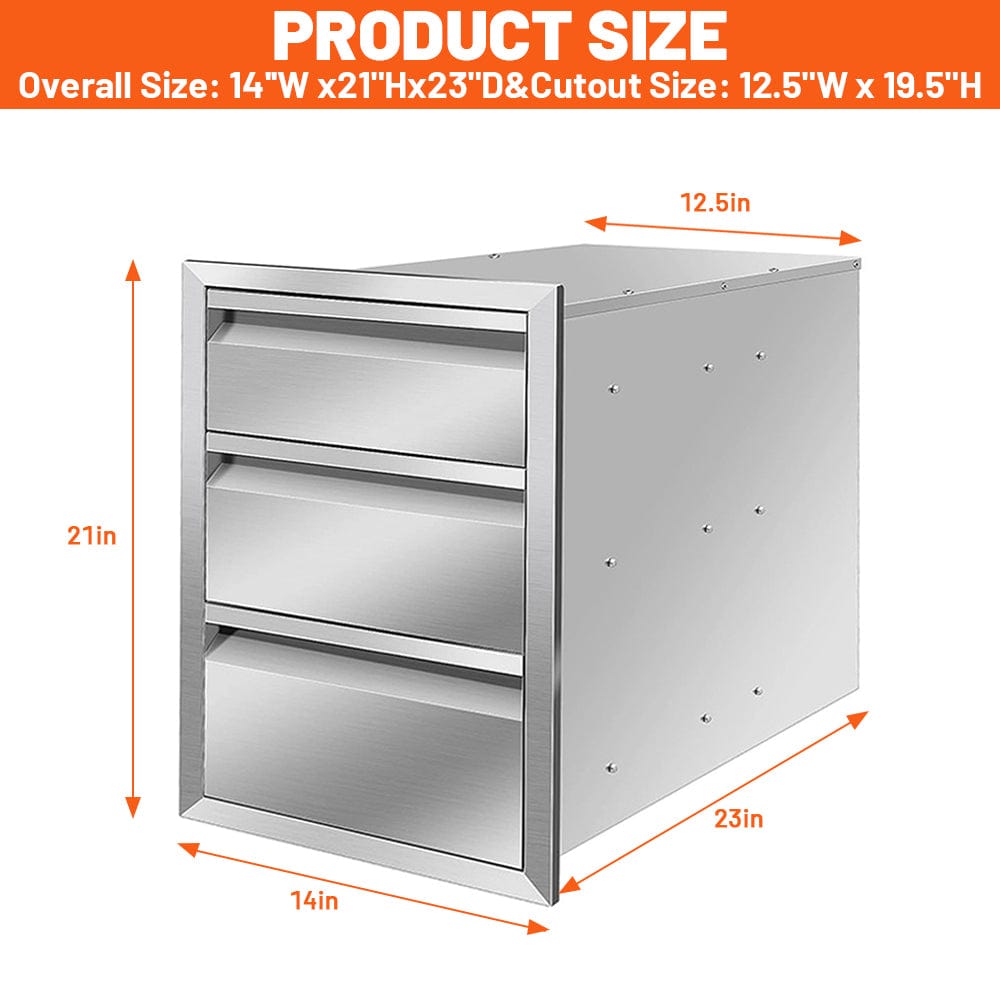 Holzoffer 21x23x14 Inch Outdoor Kitchen Stainless Steel Triple Access BBQ Drawers with Chrome Handle