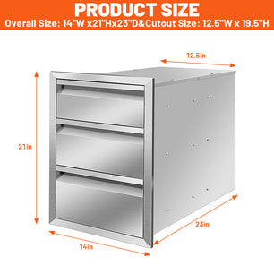 Holzoffer 21x23x14 Inch Outdoor Kitchen Stainless Steel Triple Access BBQ Drawers with Chrome Handle