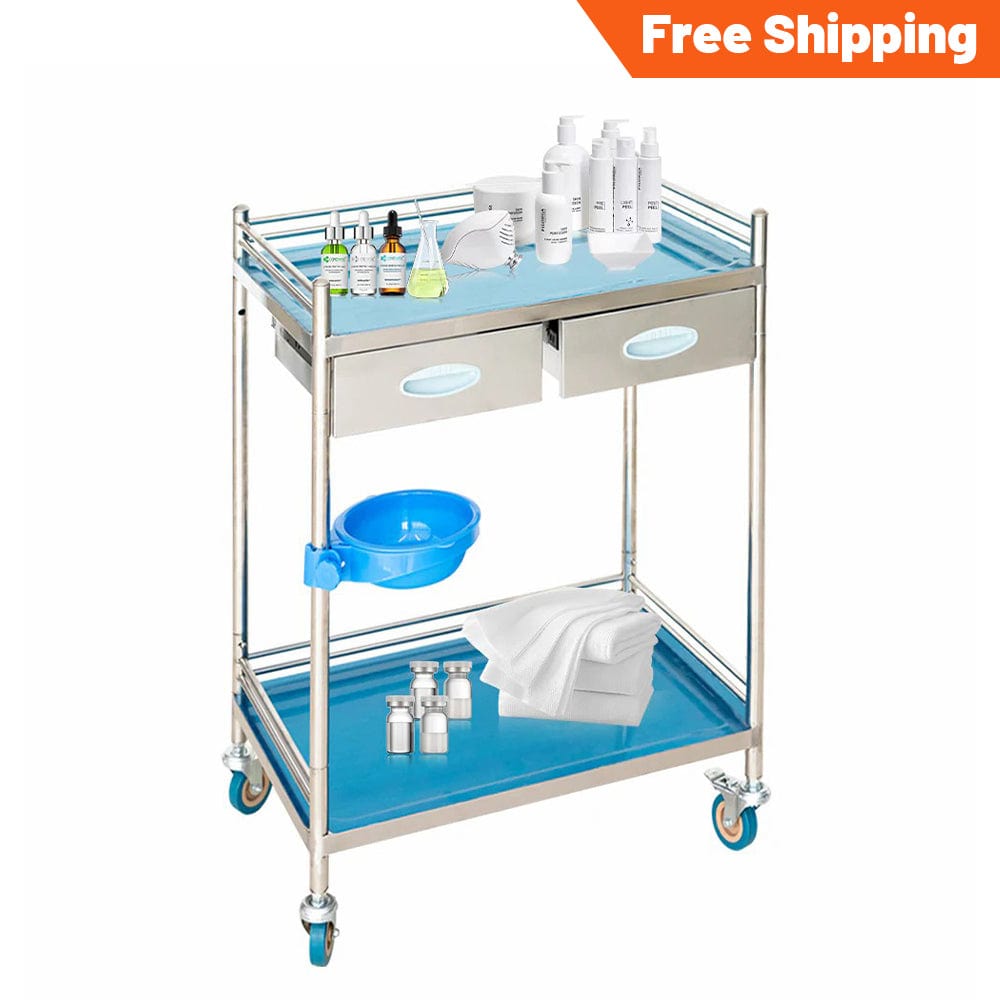 Holzoffer 2 Layers Lab Serving Cart, Lab Utility Rolling Stainless Steel Medical Clinic Trolley with 2 Drawers Lockable Wheels