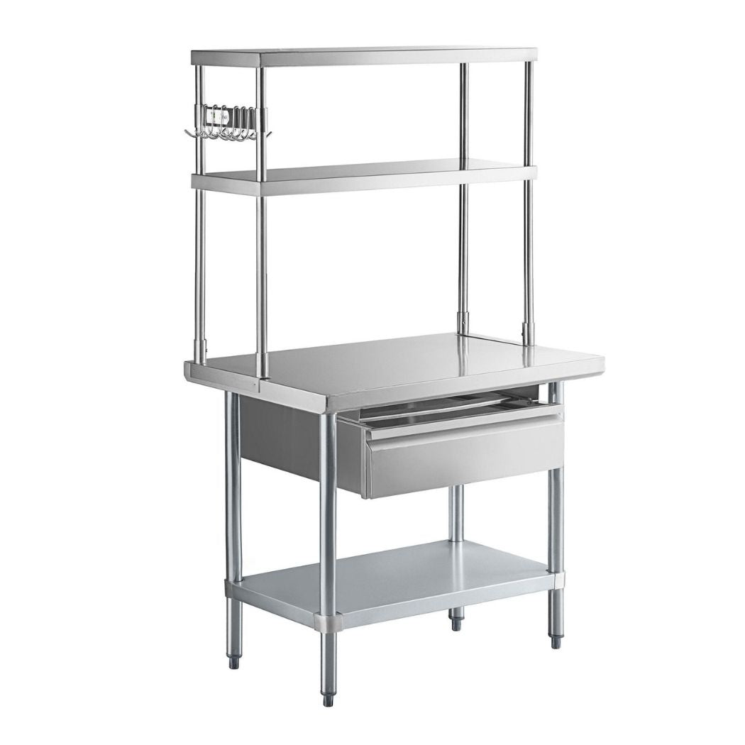 36" x 24" Stainless Steel Prep Table w/ Overshelves, Drawer & Undershelf
